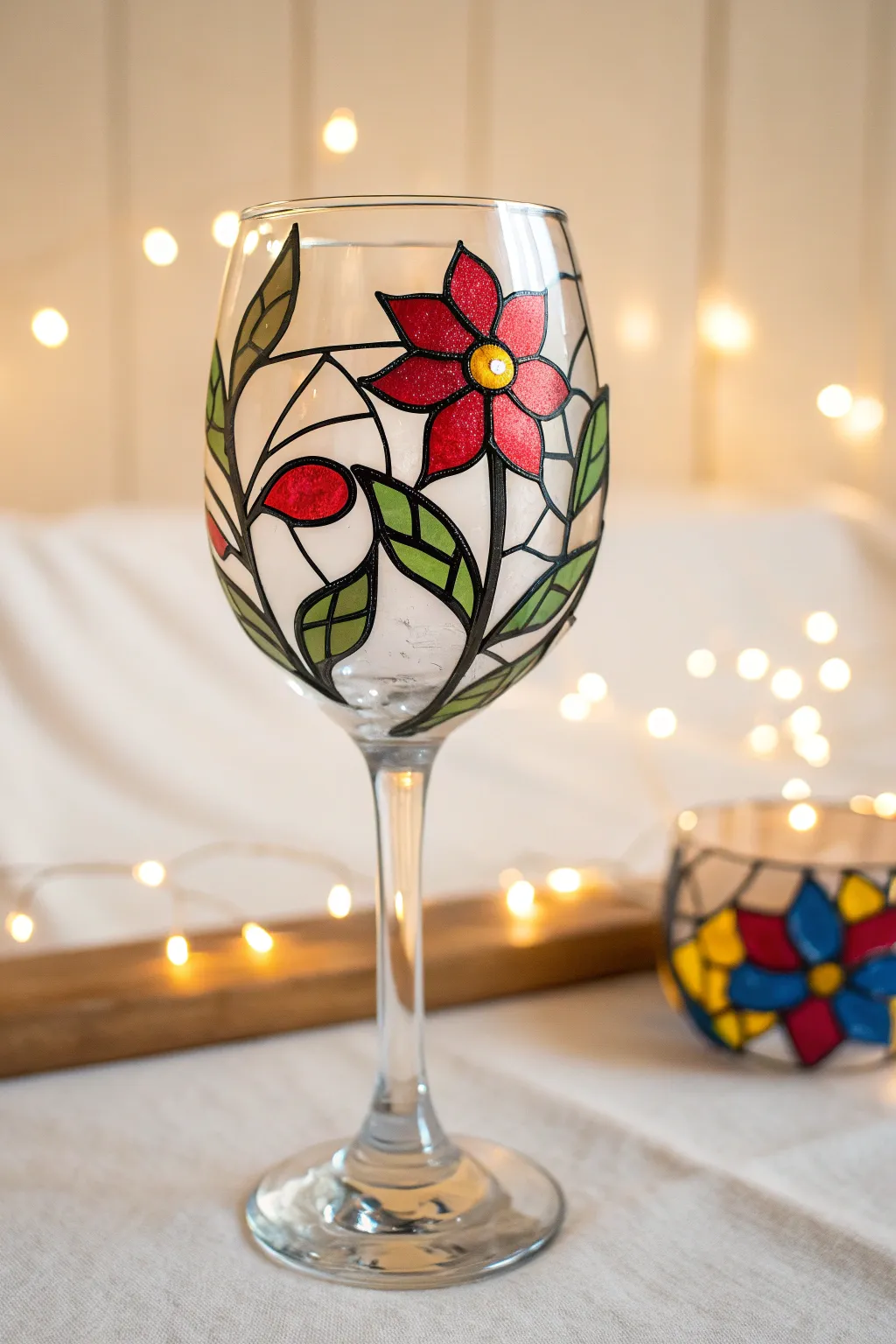 Beginner faux stained glass look: bold outlined shapes make this wine glass glow with color
