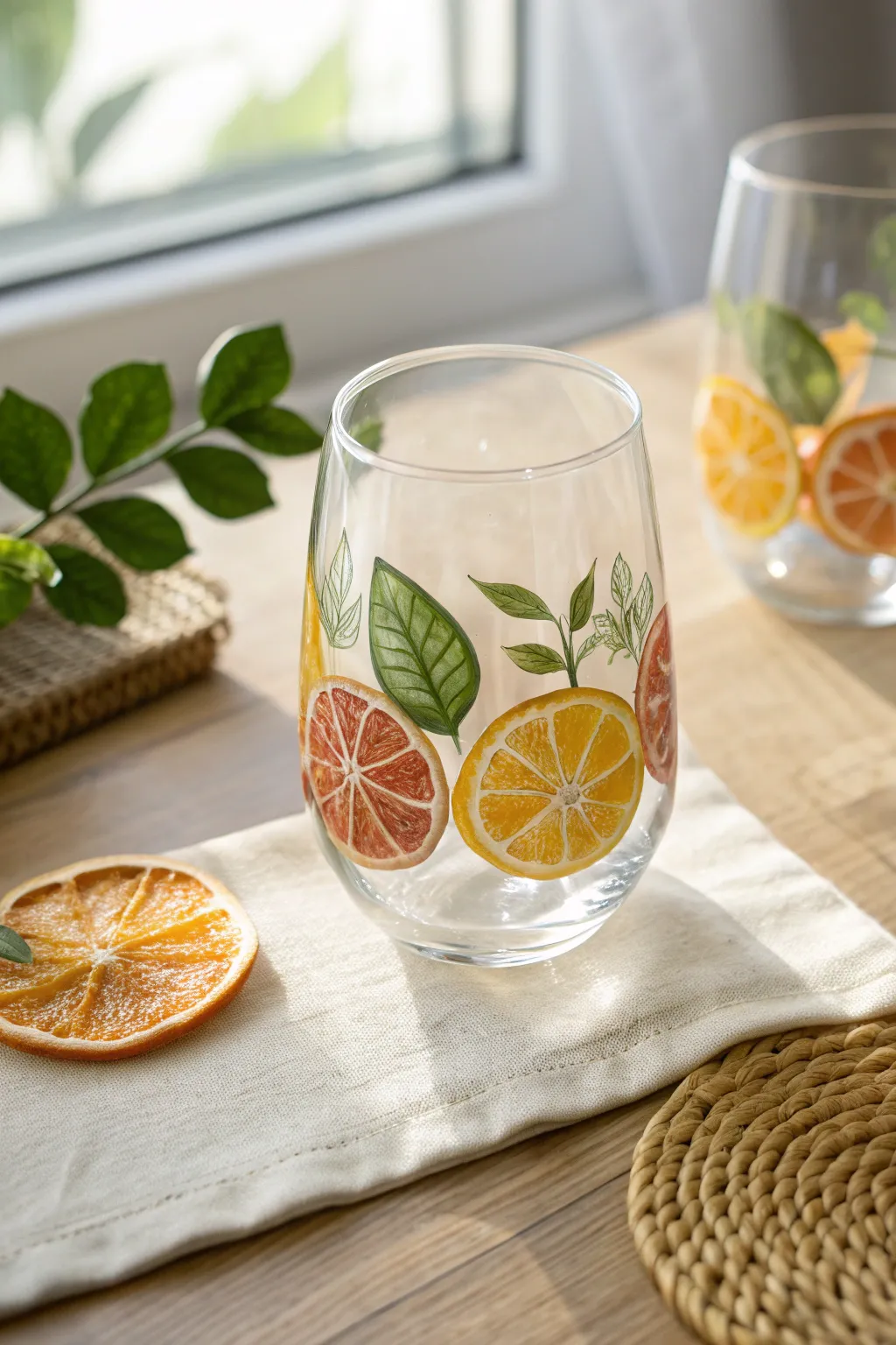 Stemless wine glass painted with sunny citrus slices and fresh green sprigs by a bright window
