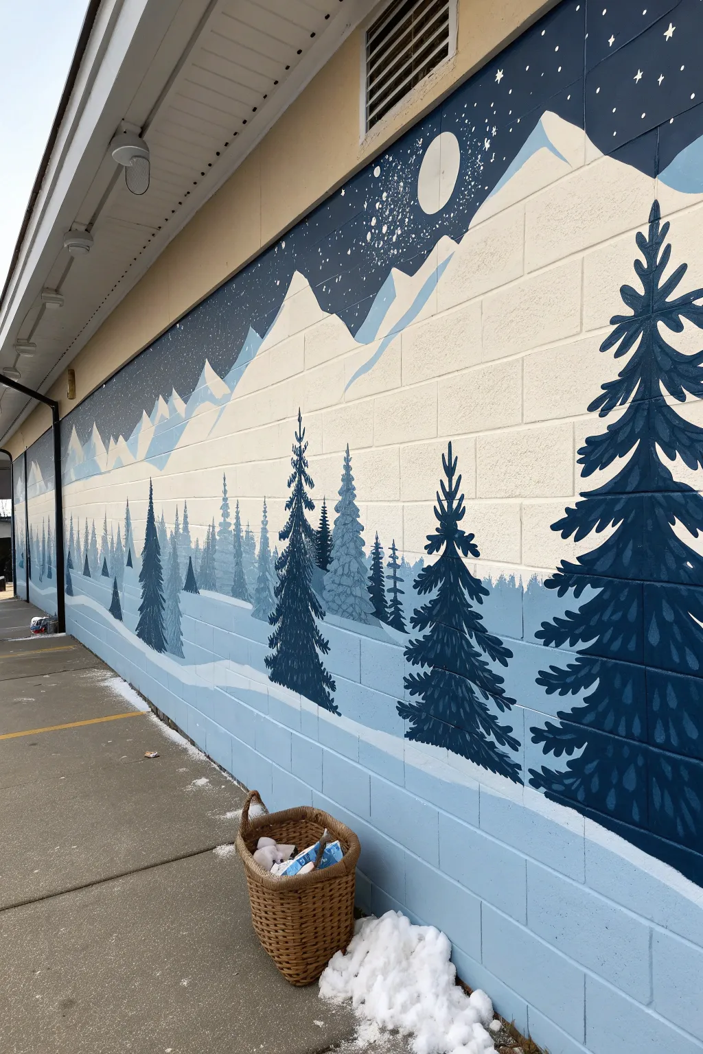 Interactive snowstorm wall mural with blank paper snowflakes, ready for community creativity.