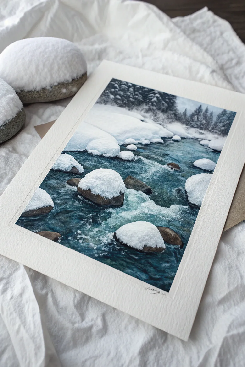 Capture winter's calm with this icy stream painting idea. Contrast dark water with soft snow.