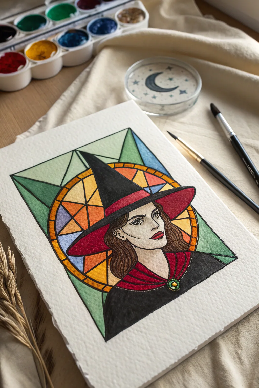 Stained-glass witch portrait in jewel tones, bold outlines, and a crescent moon frame