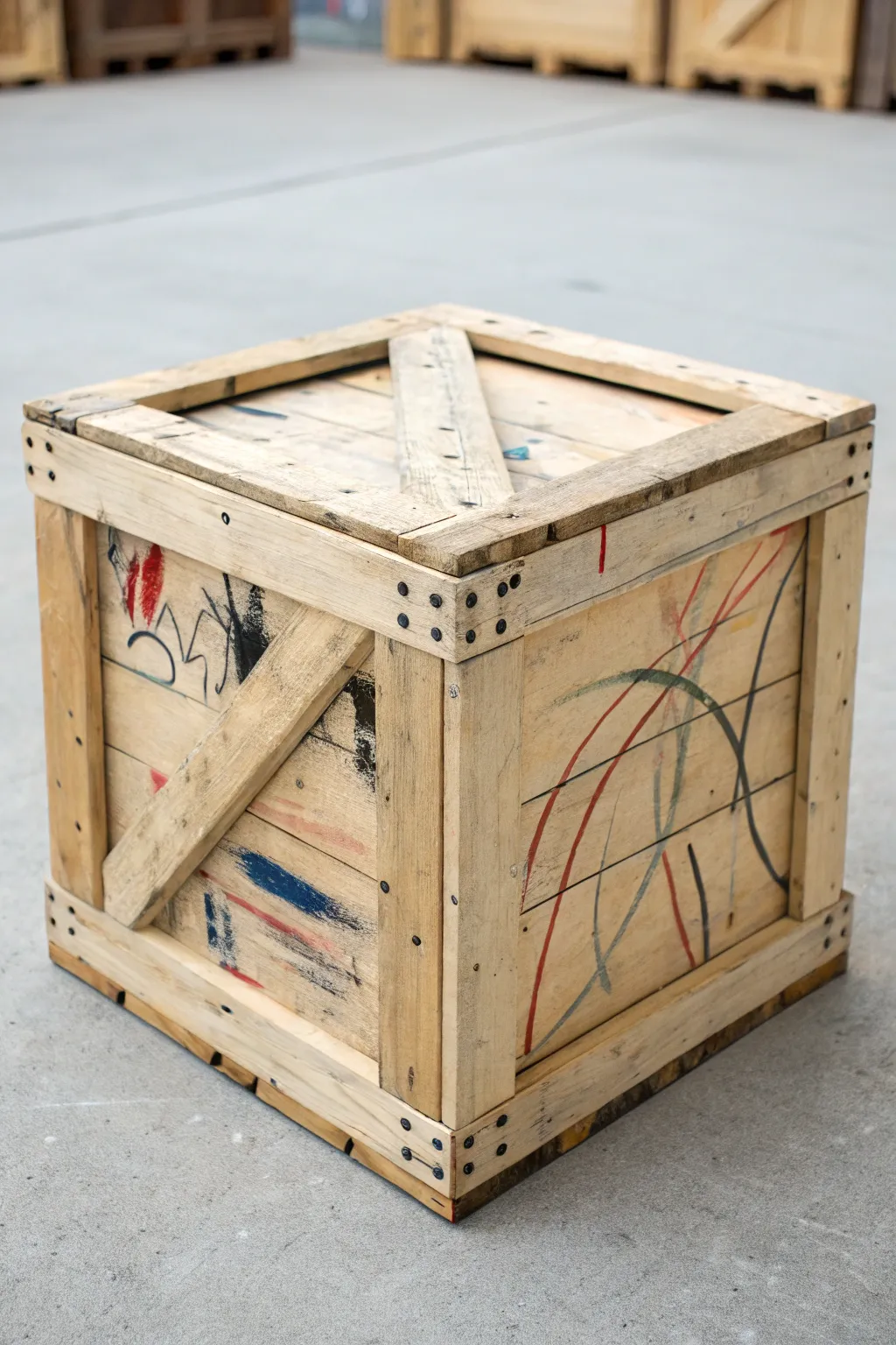 Abstract brushstroke crate painted like a mini canvas, a functional art piece for your studio.