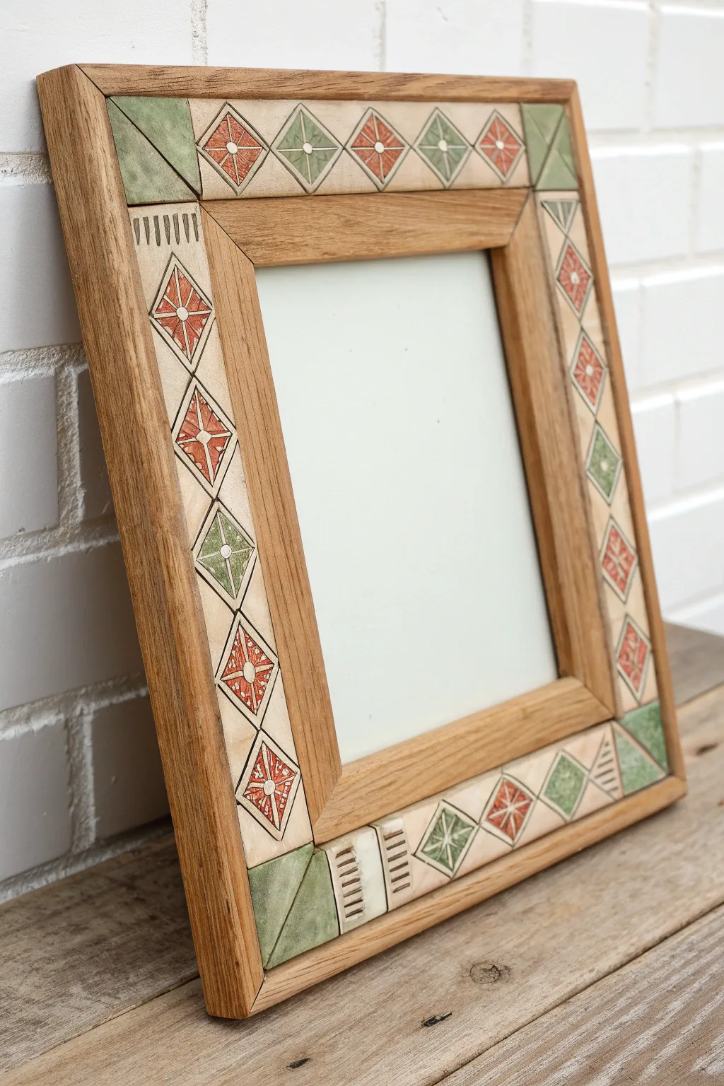 Faux tile corners add a boho handcrafted twist to a clean, minimalist wooden frame