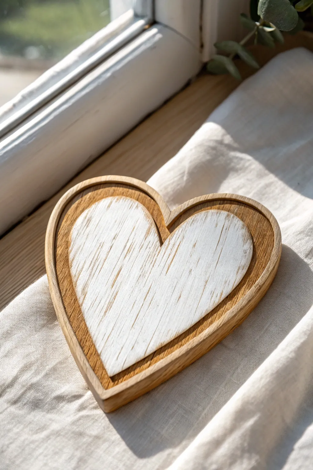 Negative-space wooden heart with a soft painted border, letting warm wood grain shine.