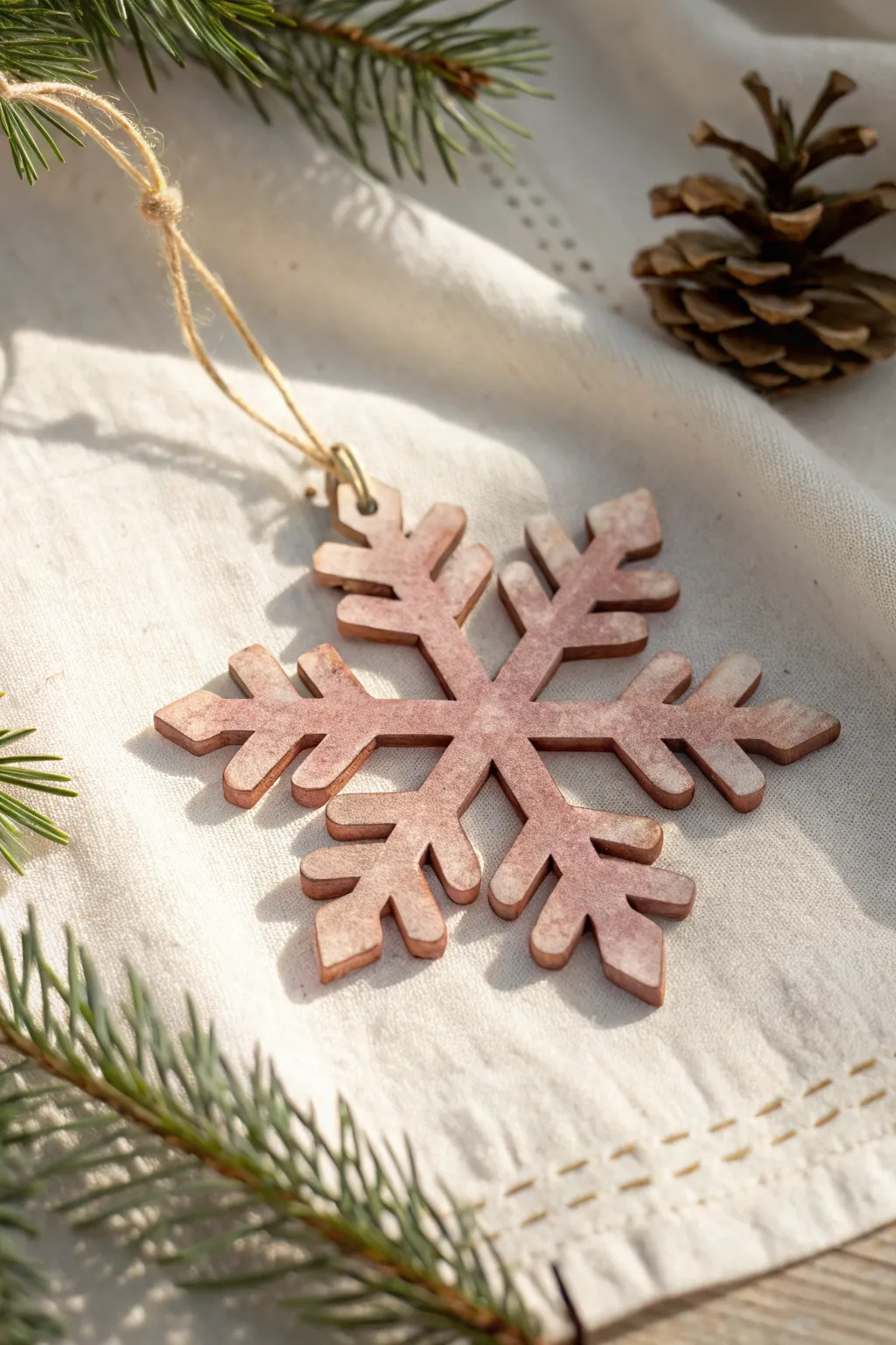 Translucent wash on a wooden snowflake keeps the grain visible for a soft boho look