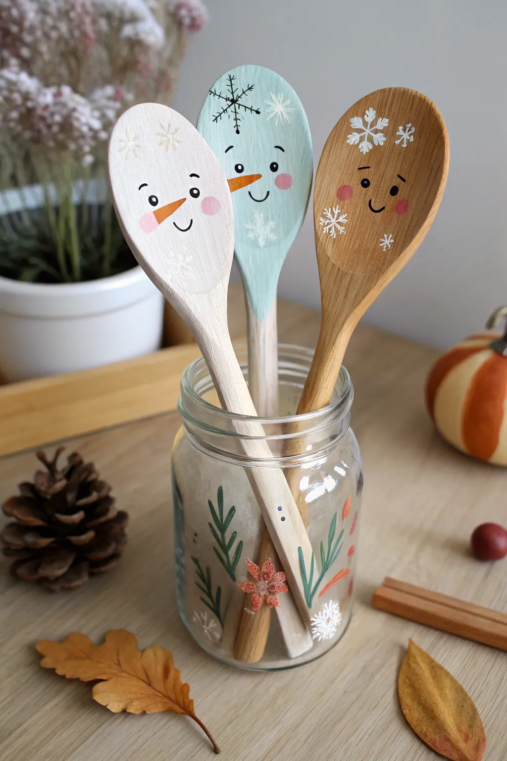Seasonal wooden spoon characters in a simple jar for cozy Scandinavian boho decor.