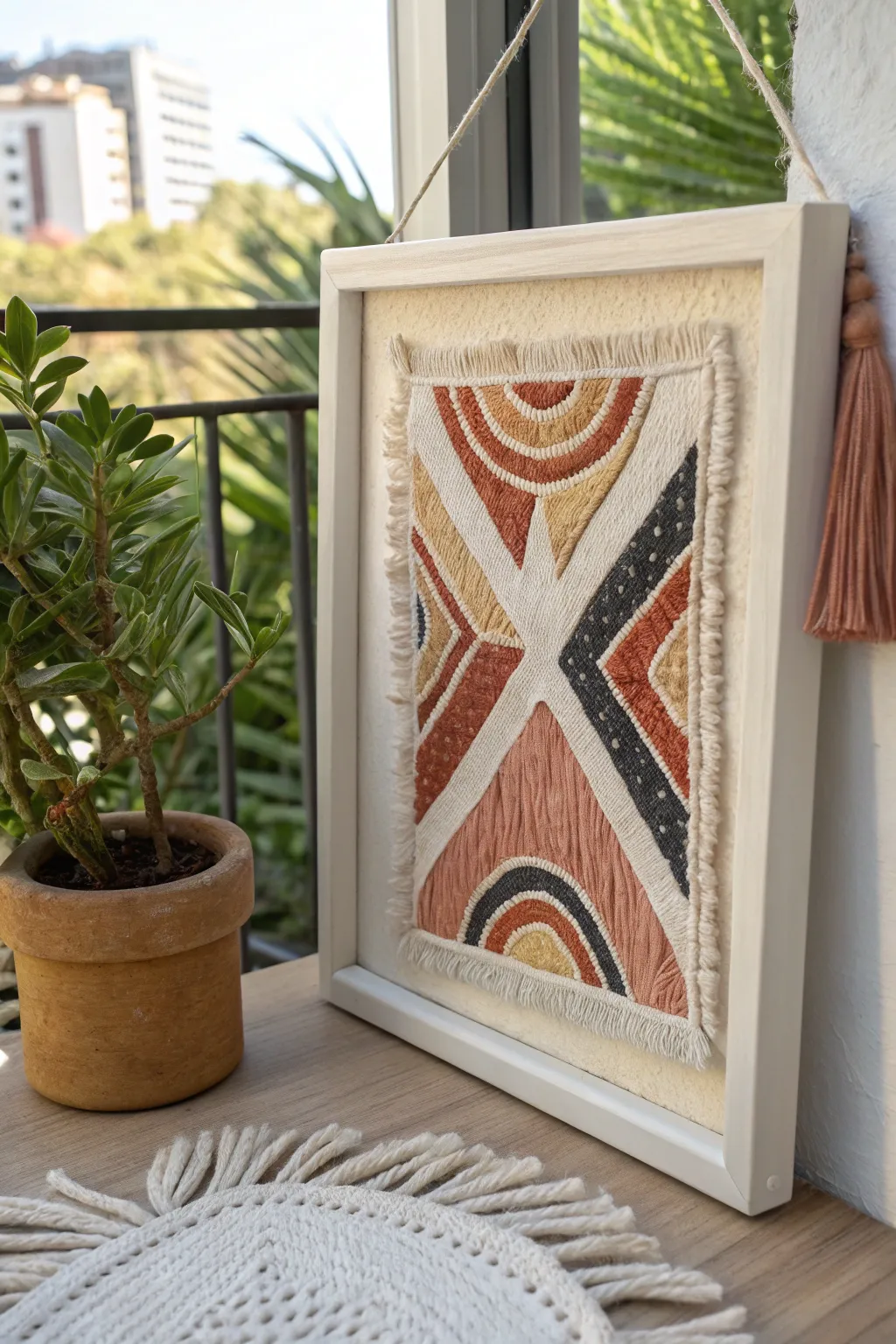 Minimalist collaged yarn painting with layered paper accents and tactile mixed media texture