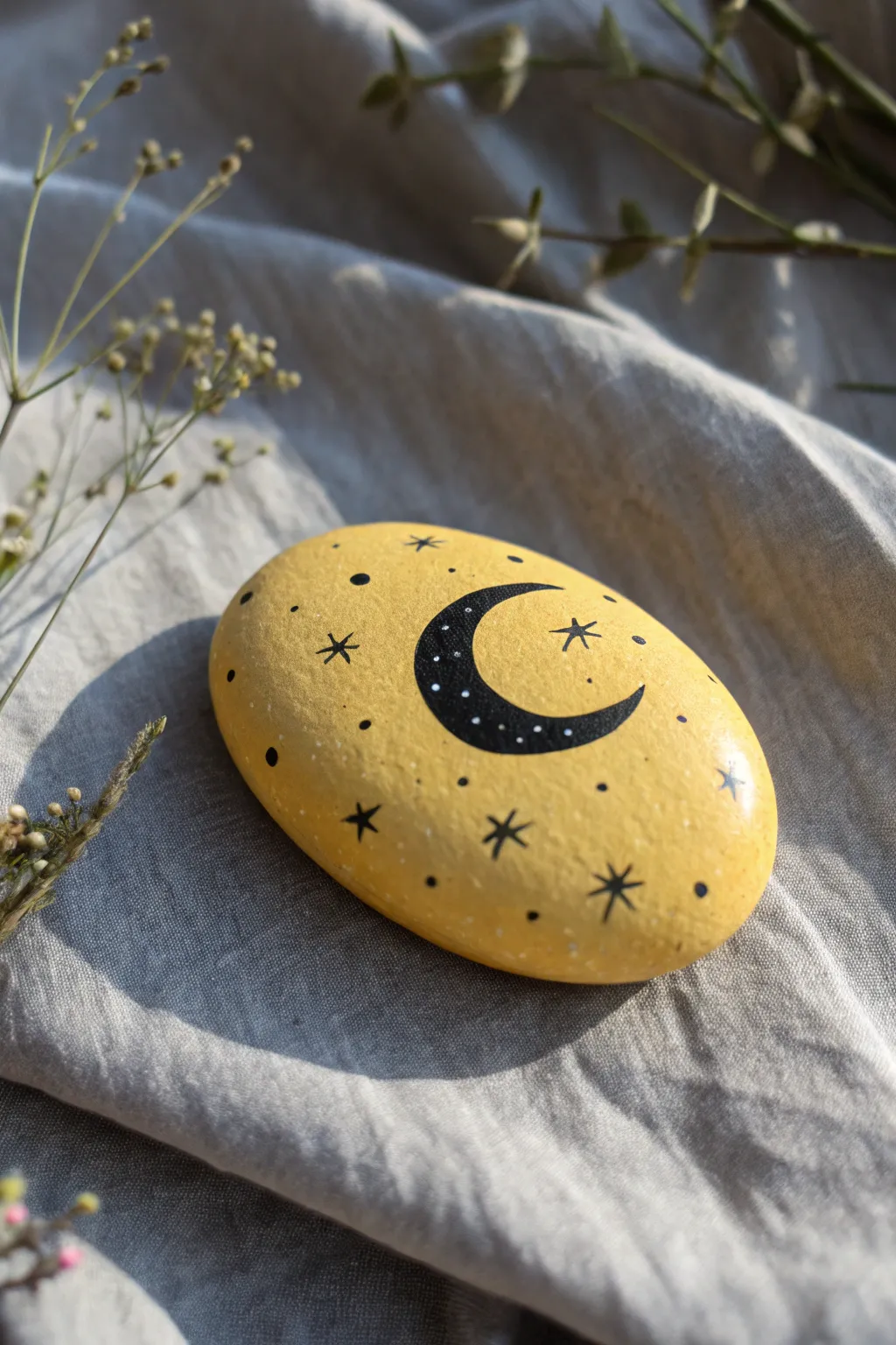 Yellow night-sky rock with tiny stars and a crescent moon on dark fabric, calm and dreamy.