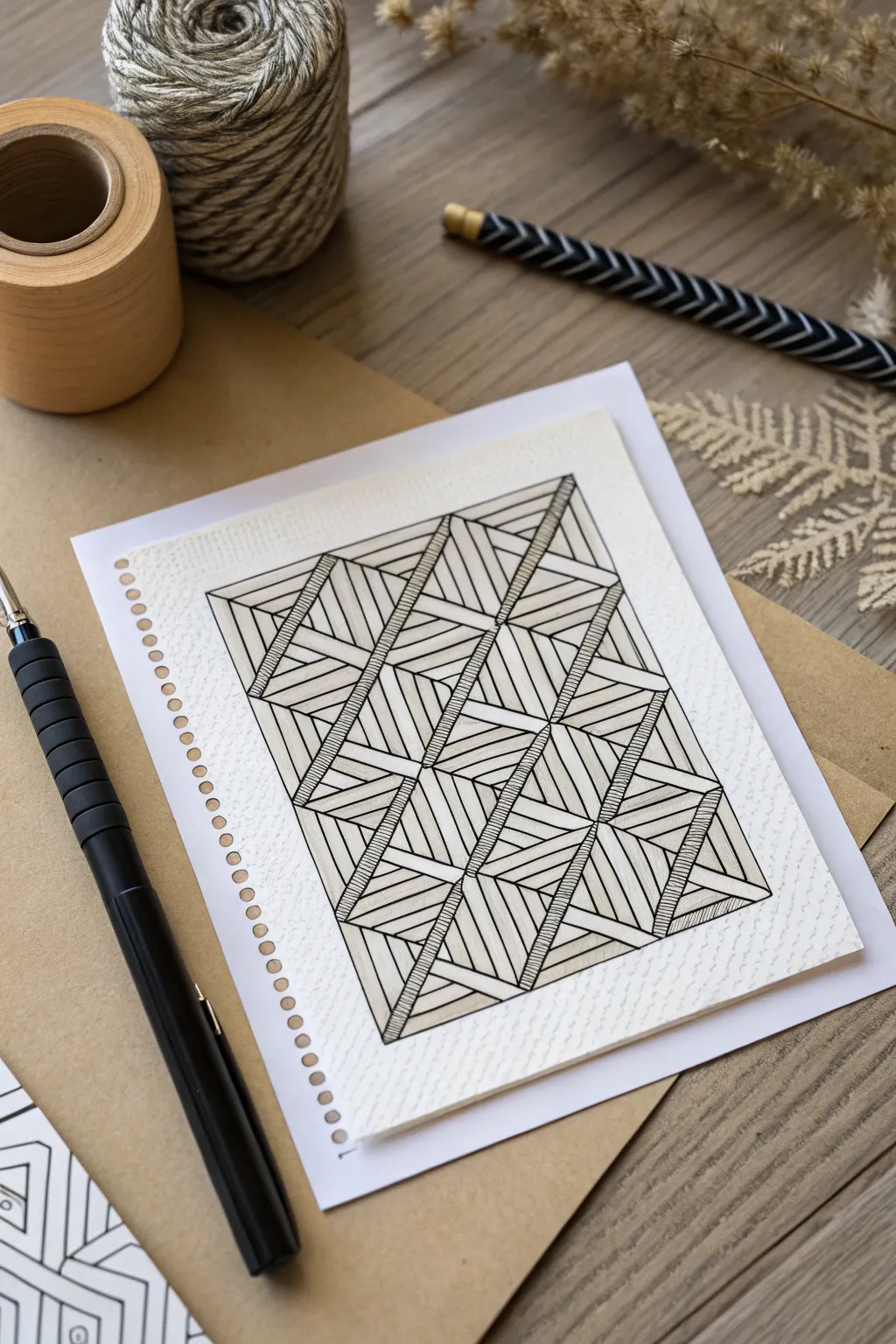 Minimalist zentangle swatch with shaded cubes and a woven ribbon for quick 3D depth