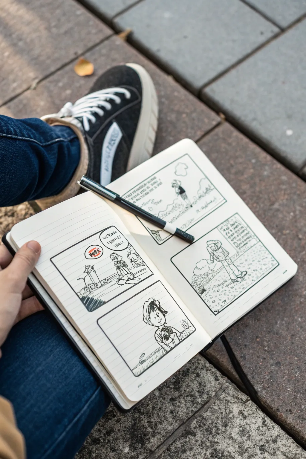 A simple three-panel mini comic idea with blank speech bubbles and a surprise twist ending