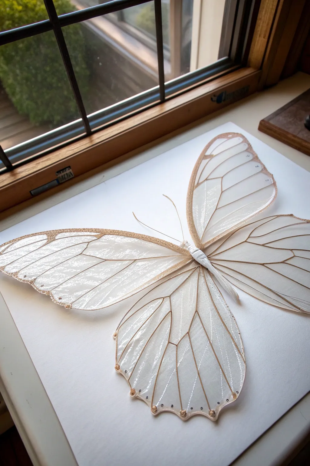 Delicate 3D pen butterfly wings lifted from a stencil, ready to bend into a 3D shape.
