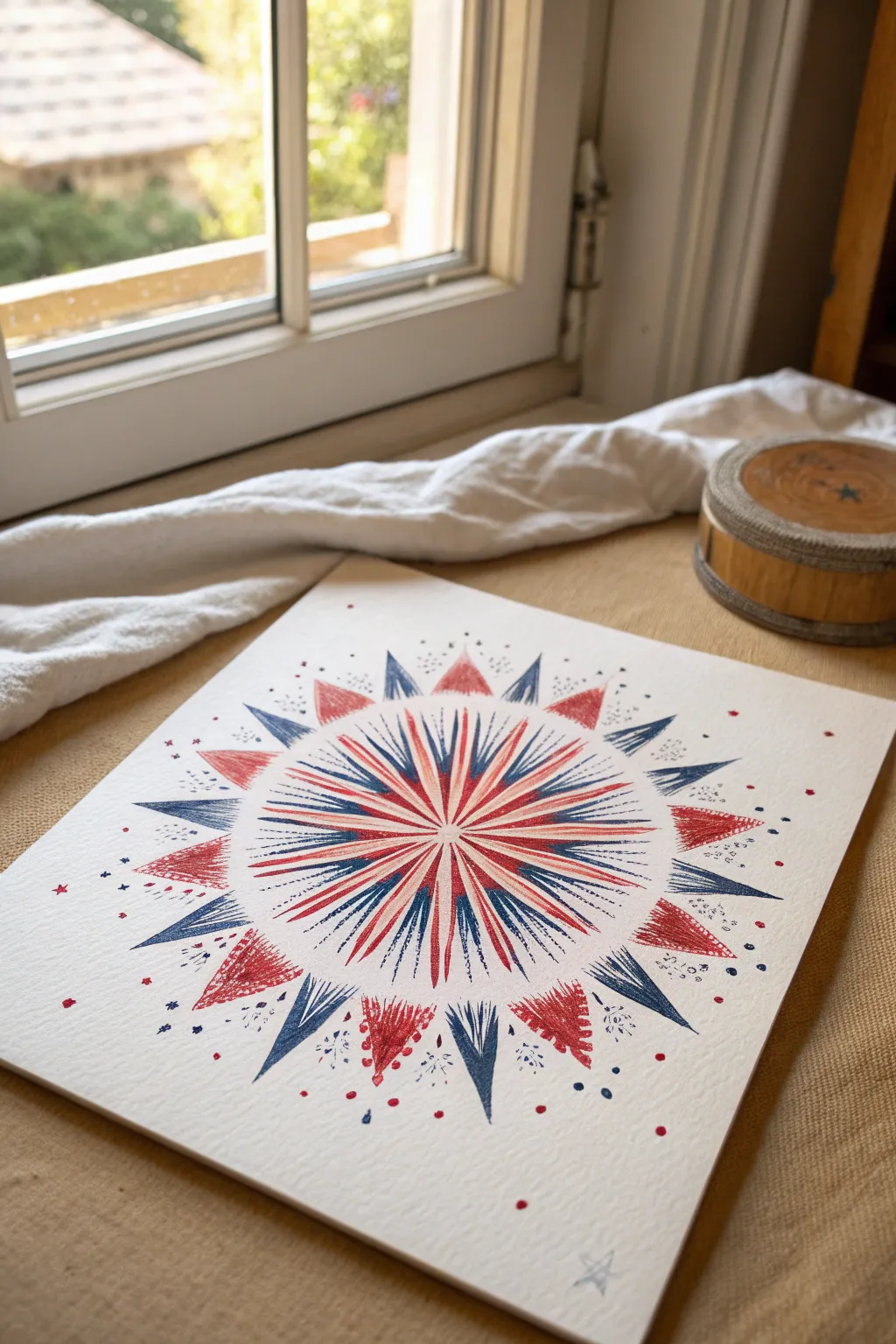 Minimalist spin-painted firework mandala in red, white, and blue for Fourth of July art