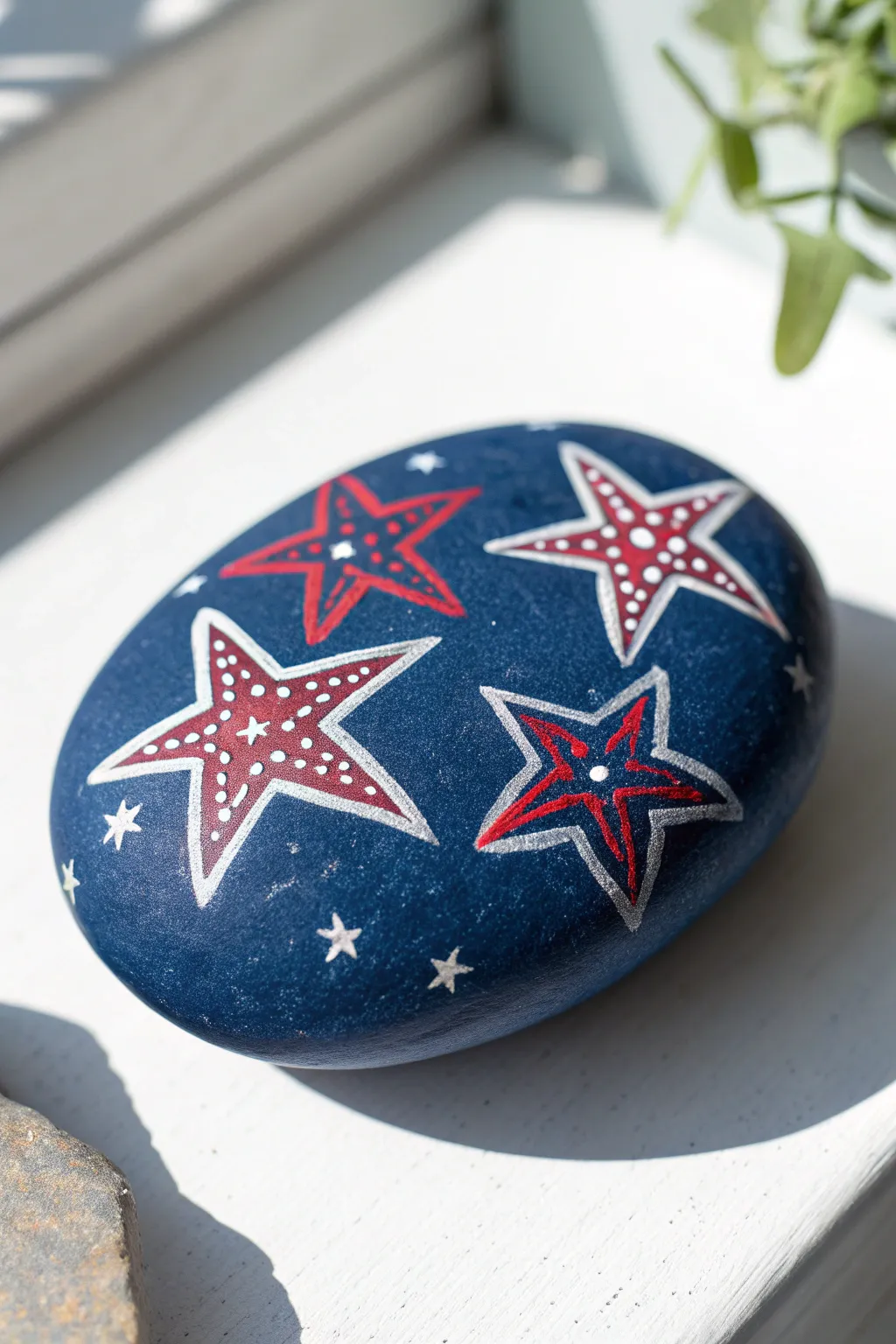 Deep blue rock with crisp negative space stars and fine red outlines on a clean white backdrop