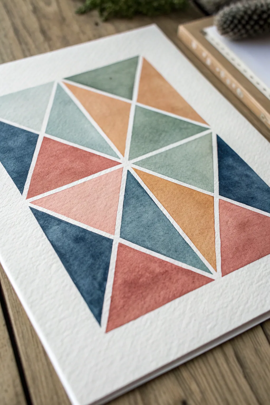 Overlapping watercolor triangles and rectangles with crisp edges and soft layered color blends.