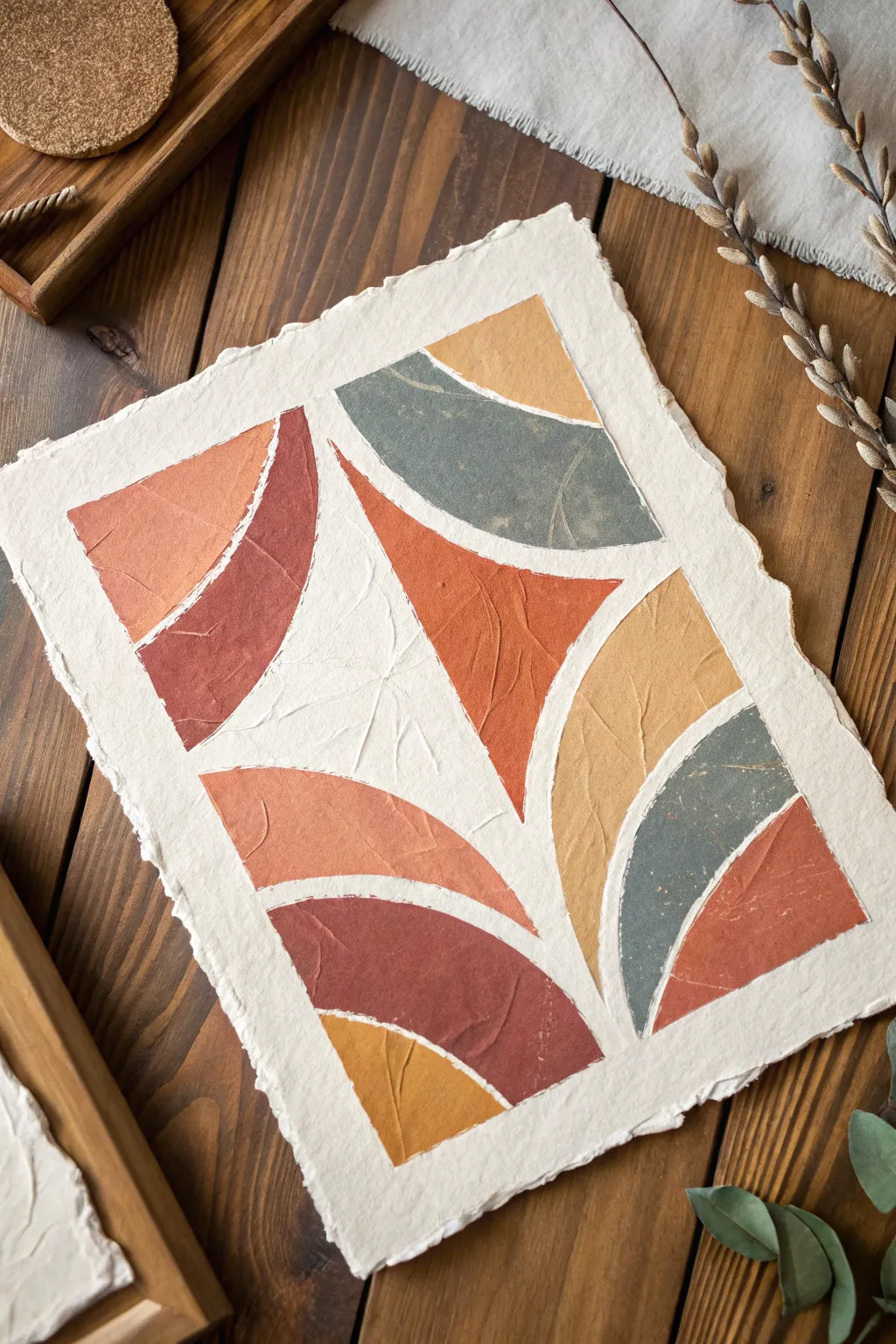 Torn paper collage with paint-over layers, clean Scandinavian palette and rich handmade texture.