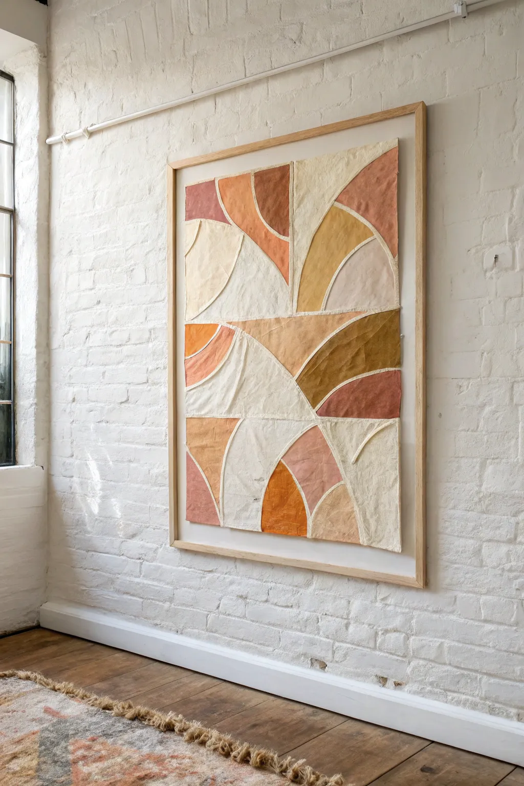 Collage torn-paper shapes under sheer glazes, crisp layers in calm Scandinavian boho tones.