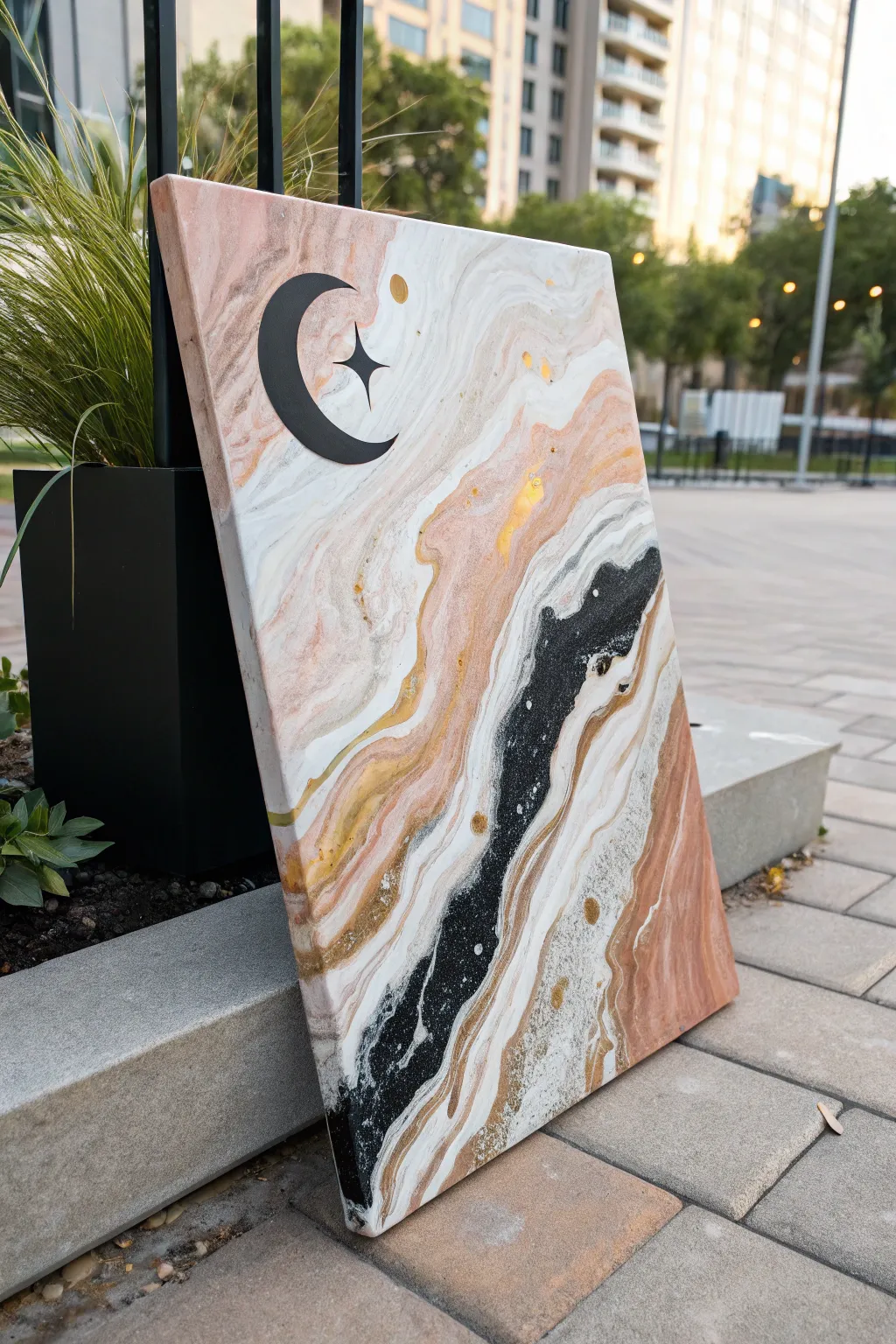 Pour-and-swipe acrylic marble with a bold crescent focal shape, modern high-contrast movement