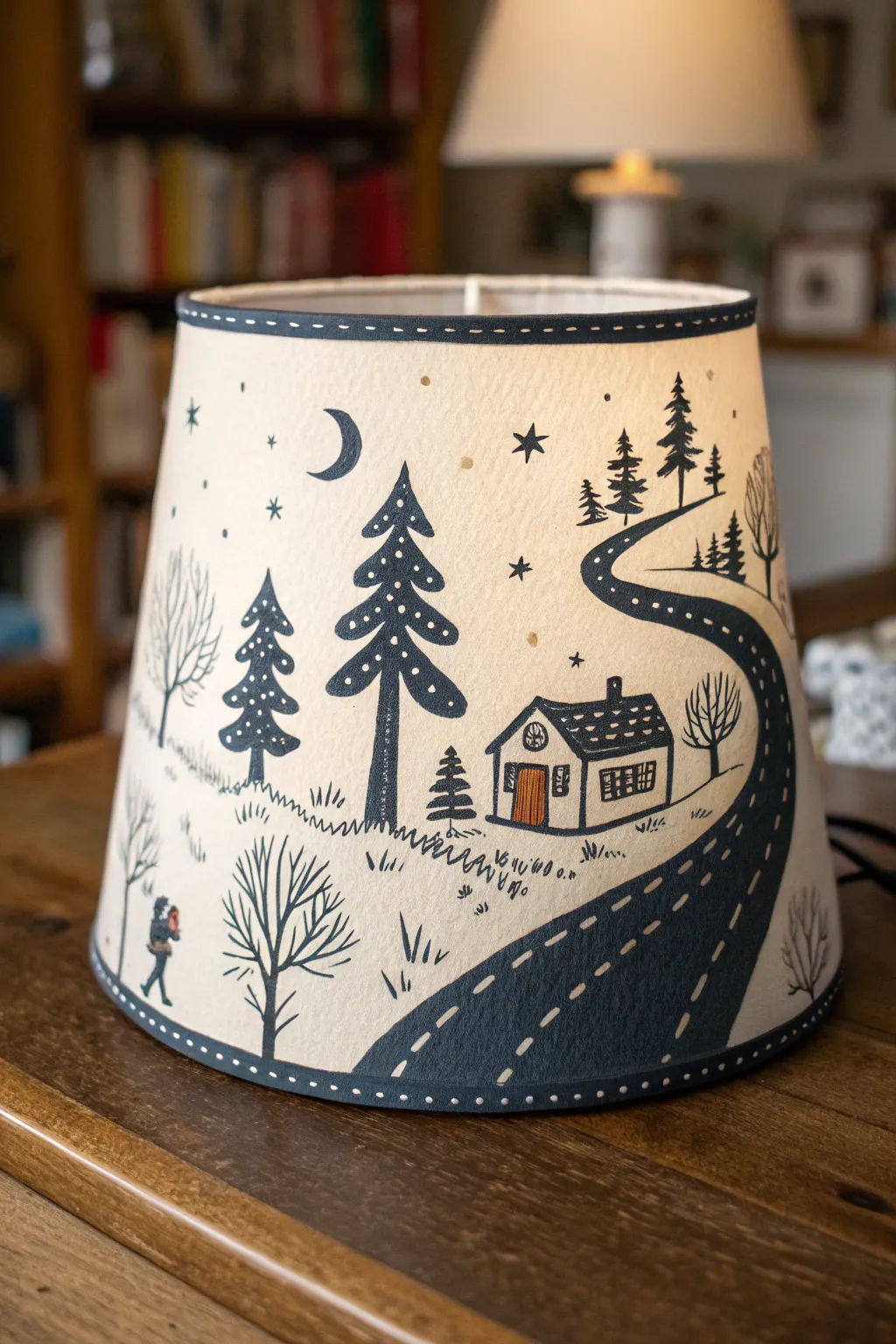 Cozy silhouette storybook scene on a painted lampshade with soft Nordic-boho charm.
