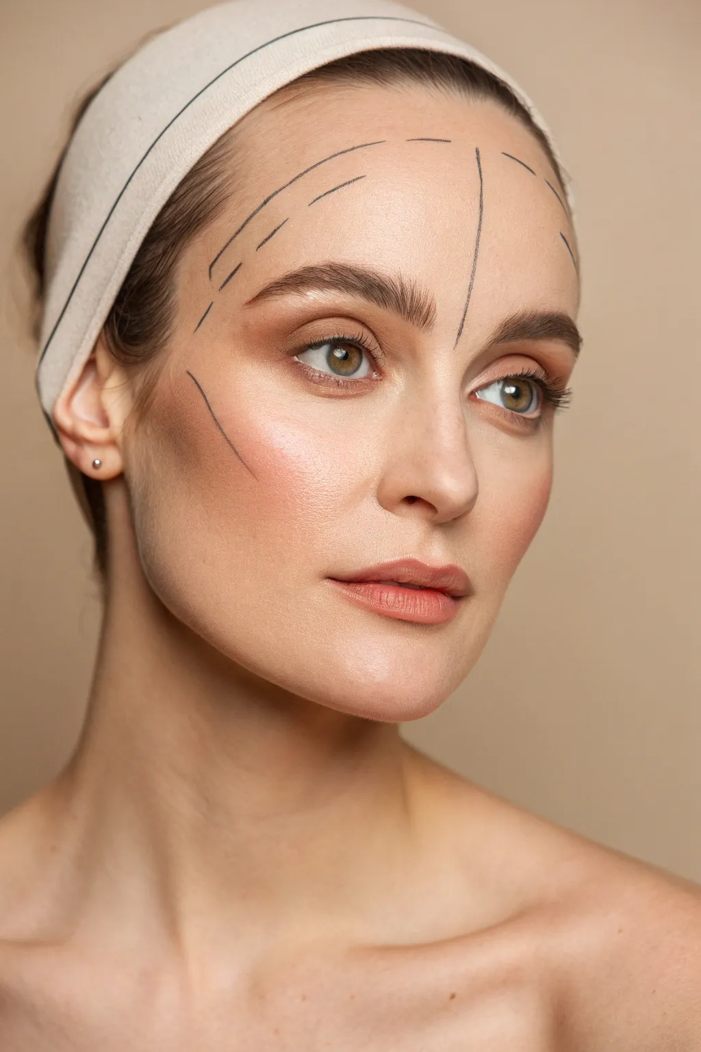 Minimal negative-space line art face paint for a high-fashion editorial look with clean contrast