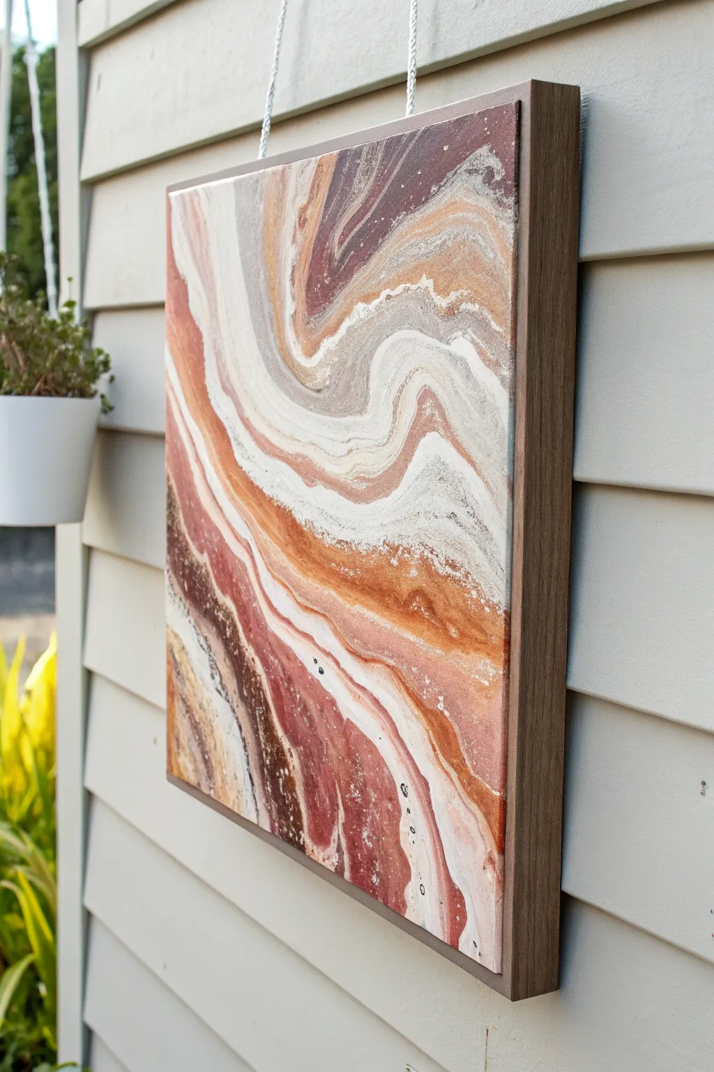 A controlled paint pour with a planned focal point and clean color planning, not random at all.