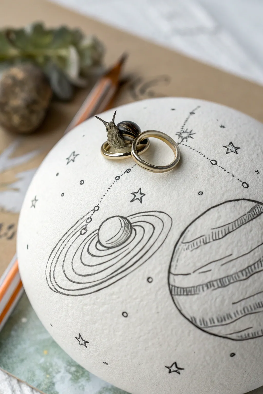 Surreal tiny planet sketch with a whimsical companion, minimalist lines and dreamy soft color