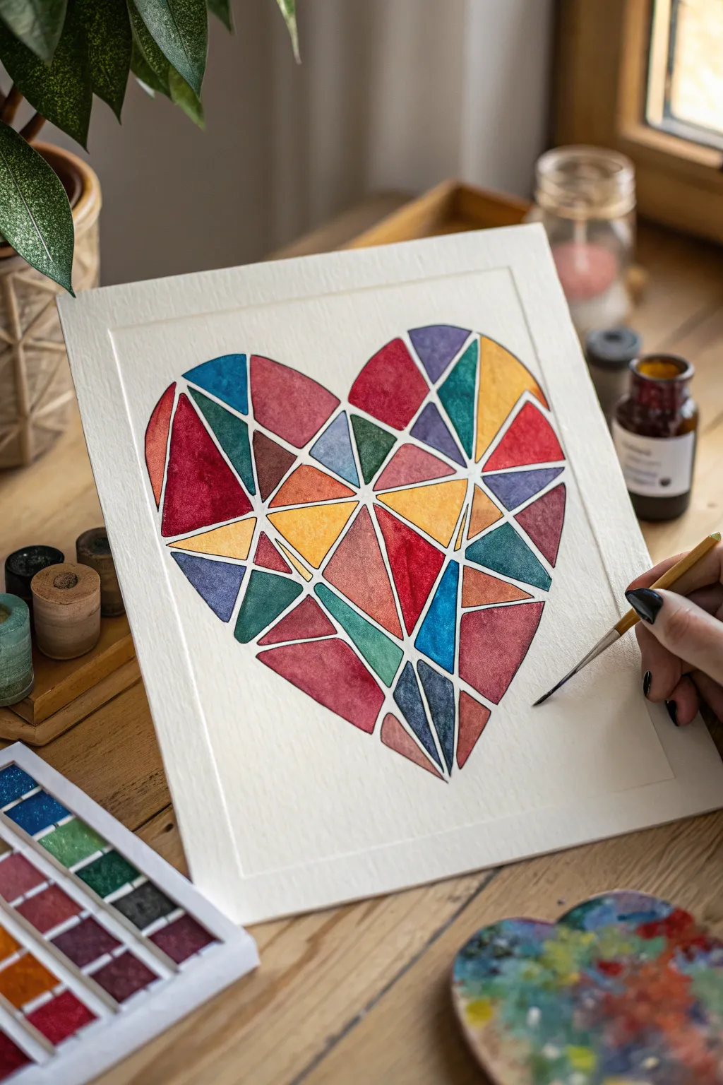 Geometric stained-glass heart with crisp tape lines and luminous watercolor panes