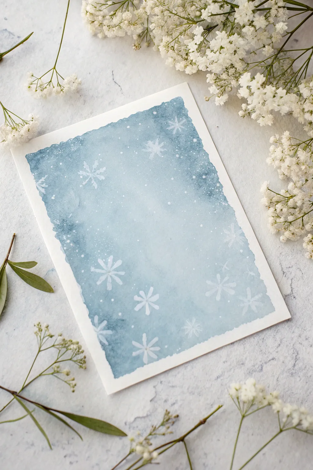 Cool lavender-blue wash with salt blooms and airy splatter for a frosty watercolor mood.