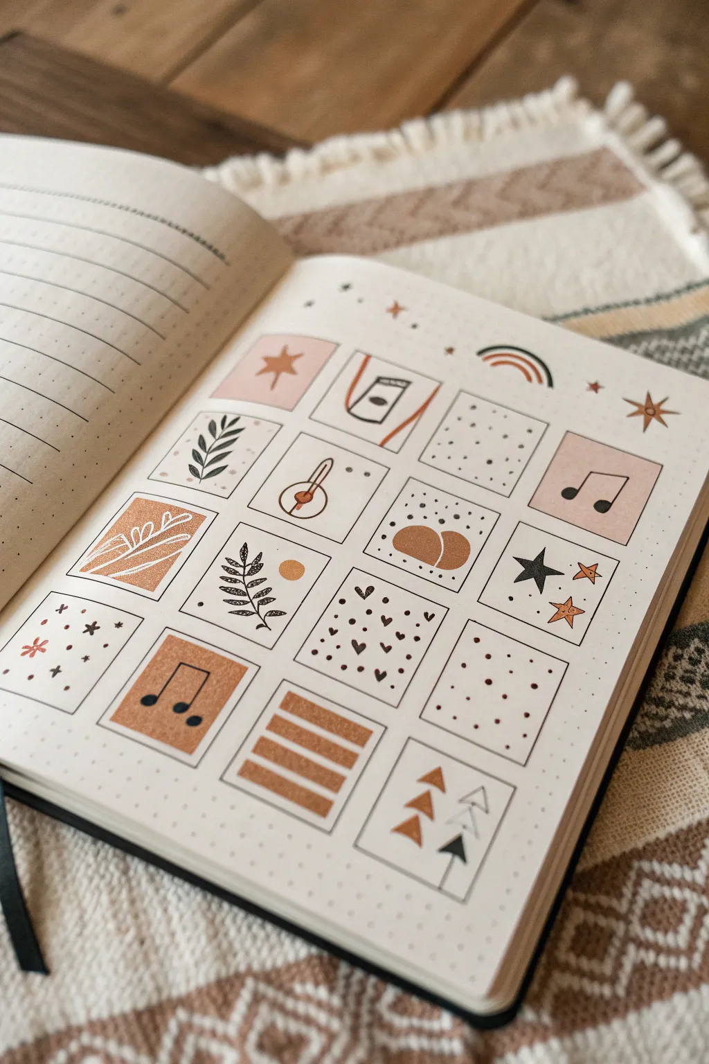 Turn your favorite songs into simple symbols and patterns on a calm, minimalist sketchbook page