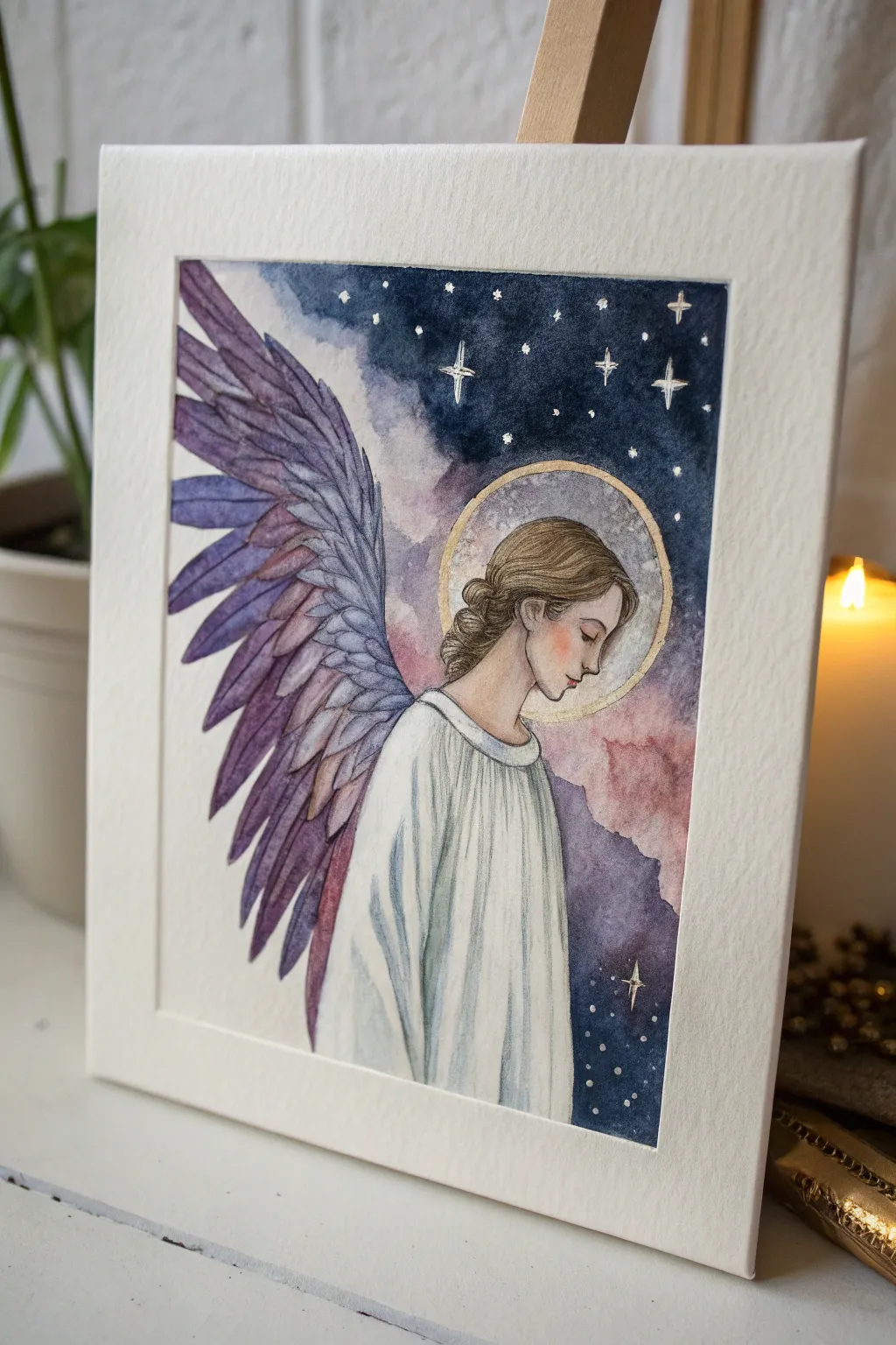 Celestial angel with galaxy wings in minimalist watercolor, luminous stars and bold contrast