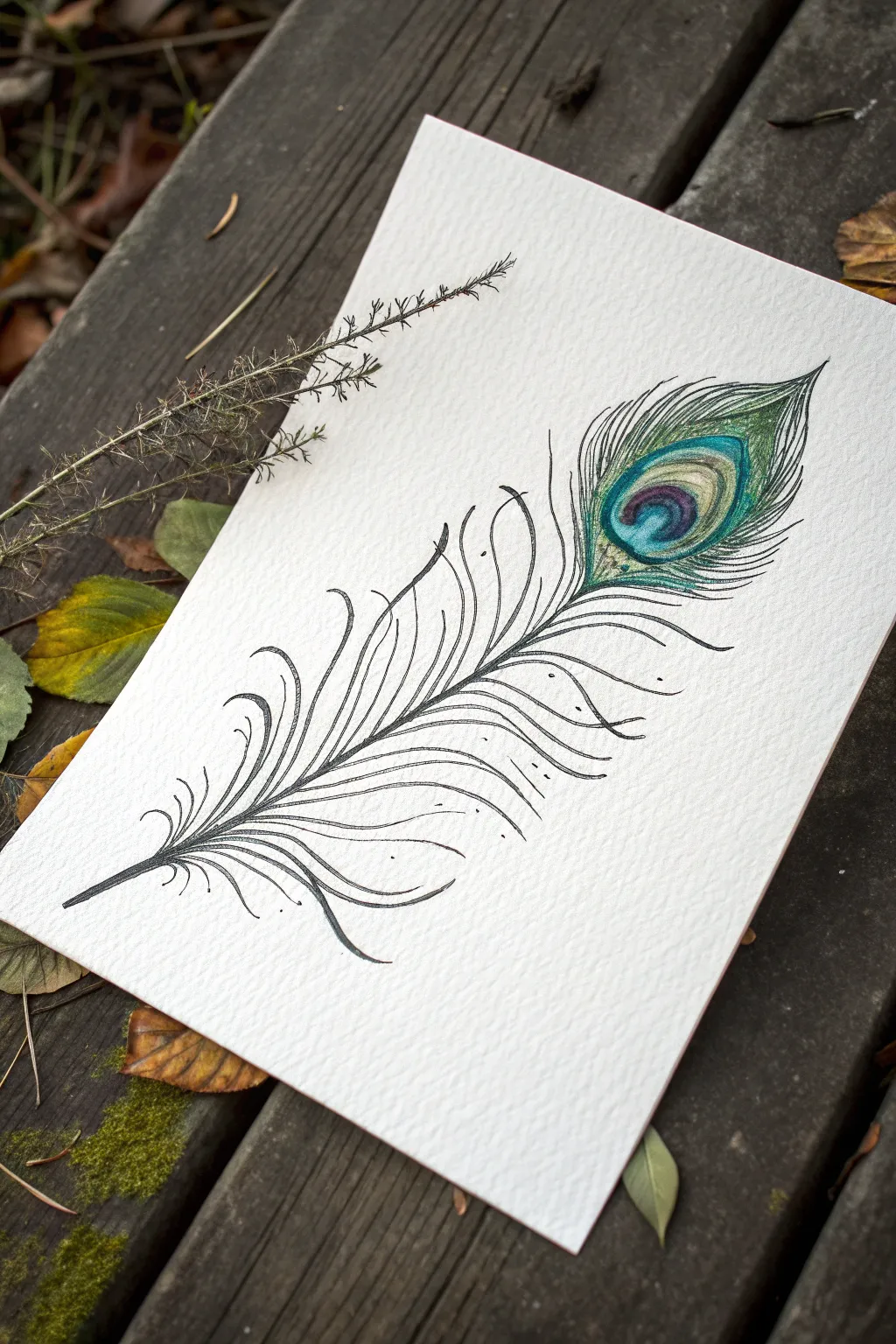 Blown-paint peacock feather art with bold splatter gradients on crisp white watercolor paper.