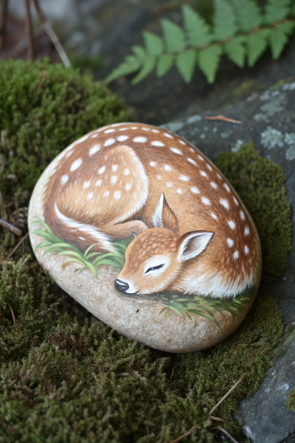 Paint a cozy 3D sleeping fawn on a smooth stone, nestled in moss for woodland charm.