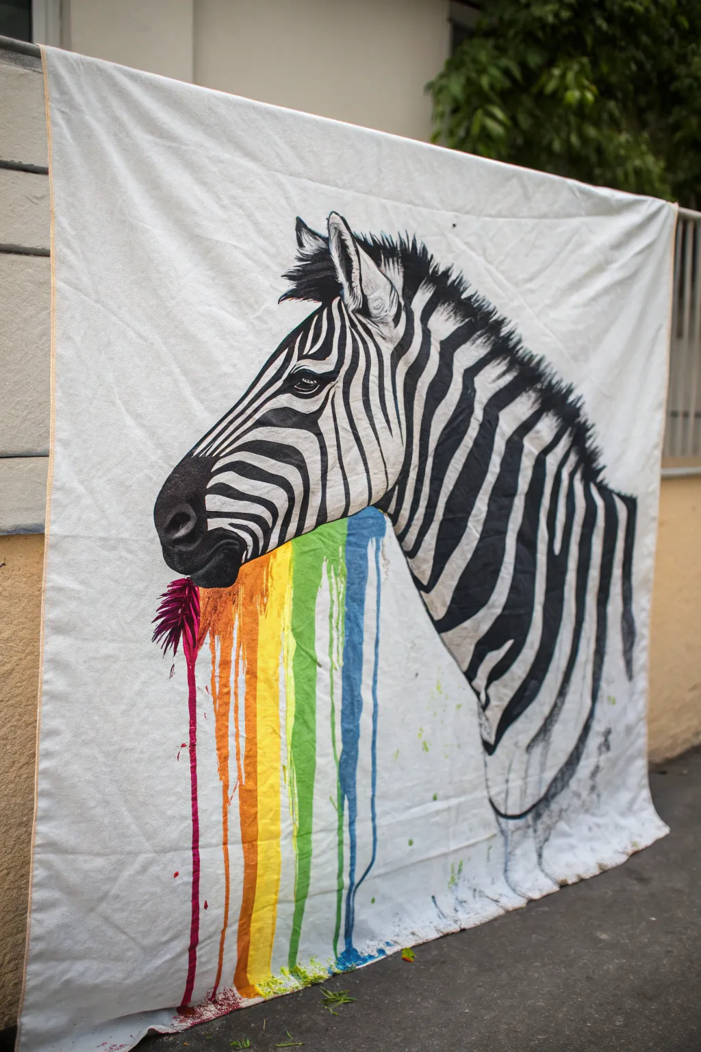 Rainbow zebra stripes with elegant drips and splashes, a bold yet minimalist animal painting idea.