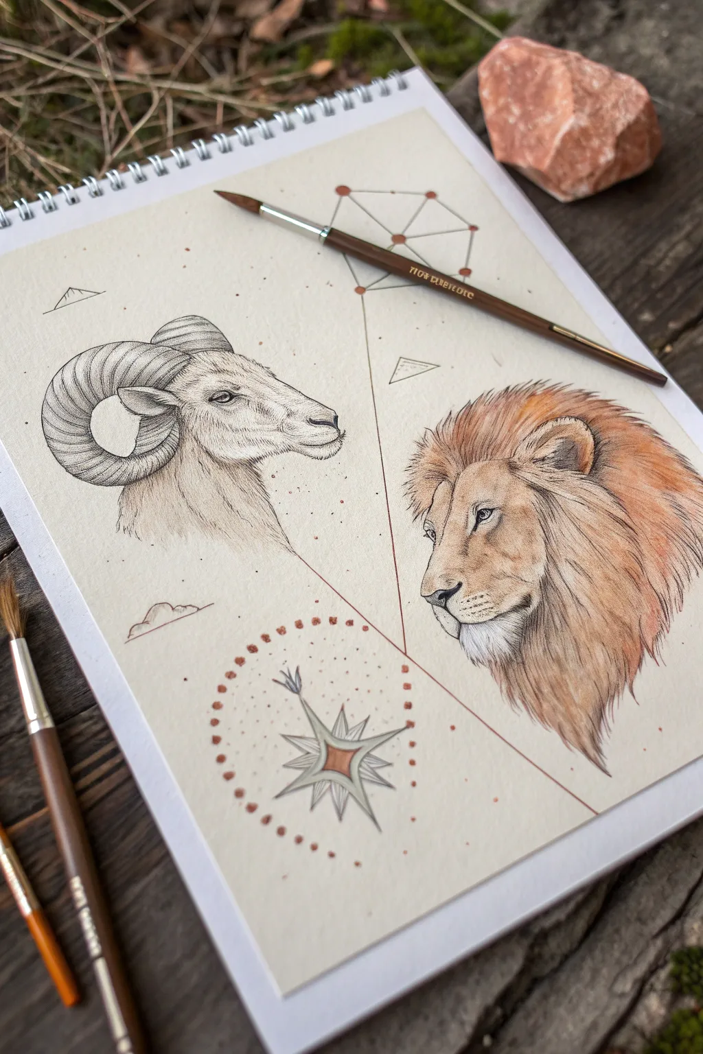 Aries and Leo pair drawing: minimalist ram and lion in warm boho neutrals with crisp contrast