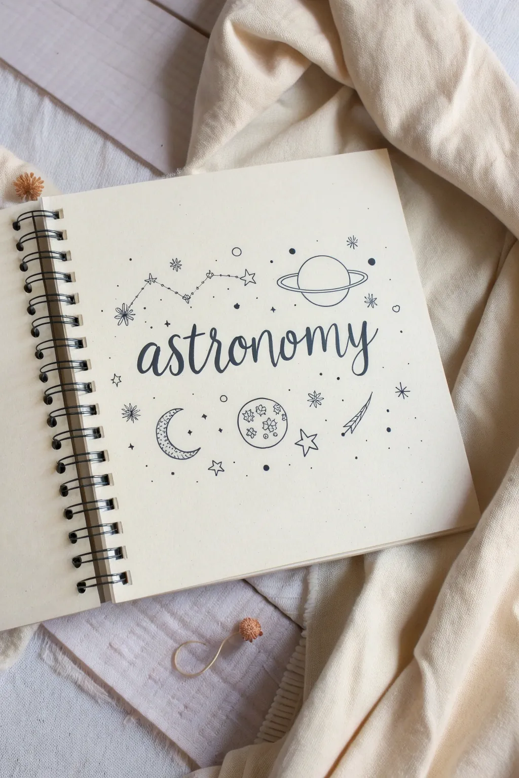 Minimalist astronomy title page with hand lettering and tiny planets, clean and boho-soft.