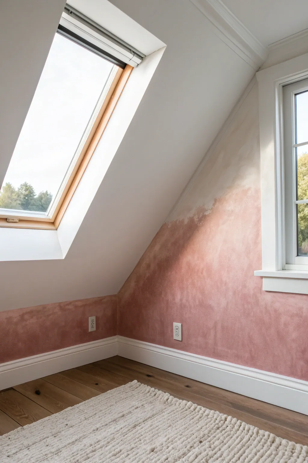 Soft ombre on a slanted attic ceiling, fading from dusty rose to warm white in daylight.