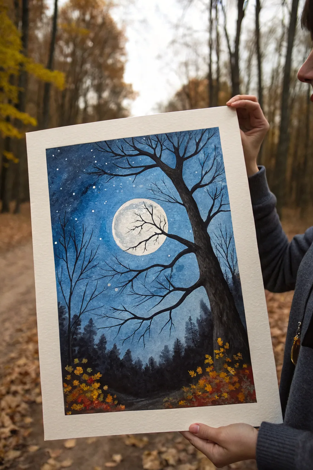 Moonlit autumn woods painting with glowing moon, twisty branches, and drifting fall leaves