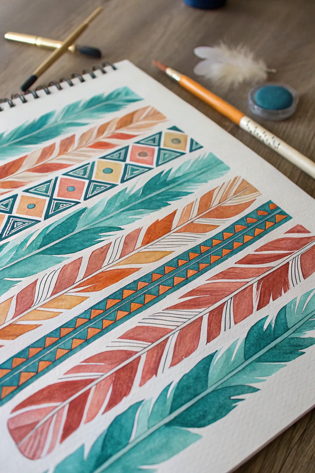 Practice sampler of Aztec-inspired layered feather bands in rich colors with clean, modern contrast.