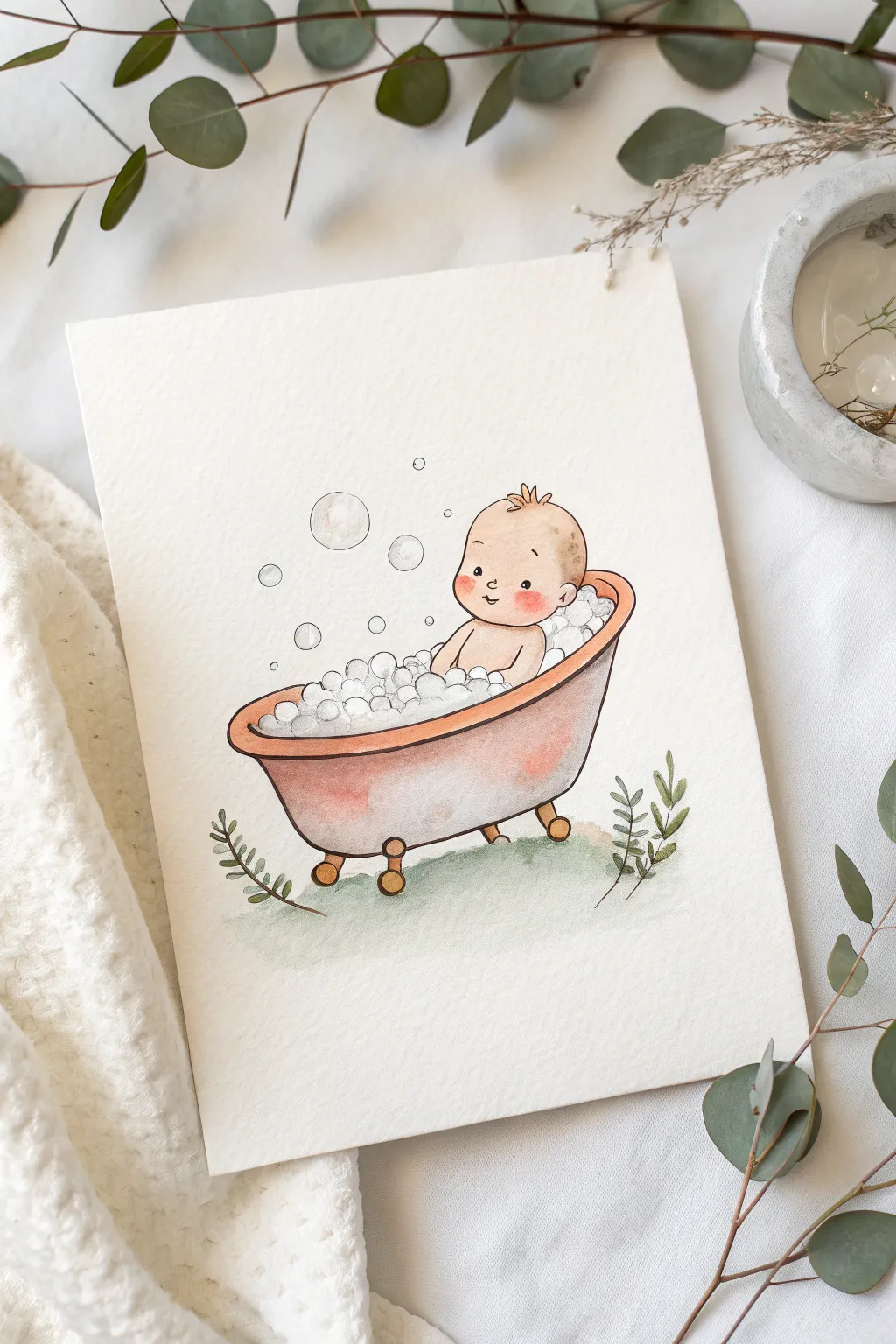 Sweet bath time bubbles: a simple baby-in-tub sketch idea with soft, airy highlights