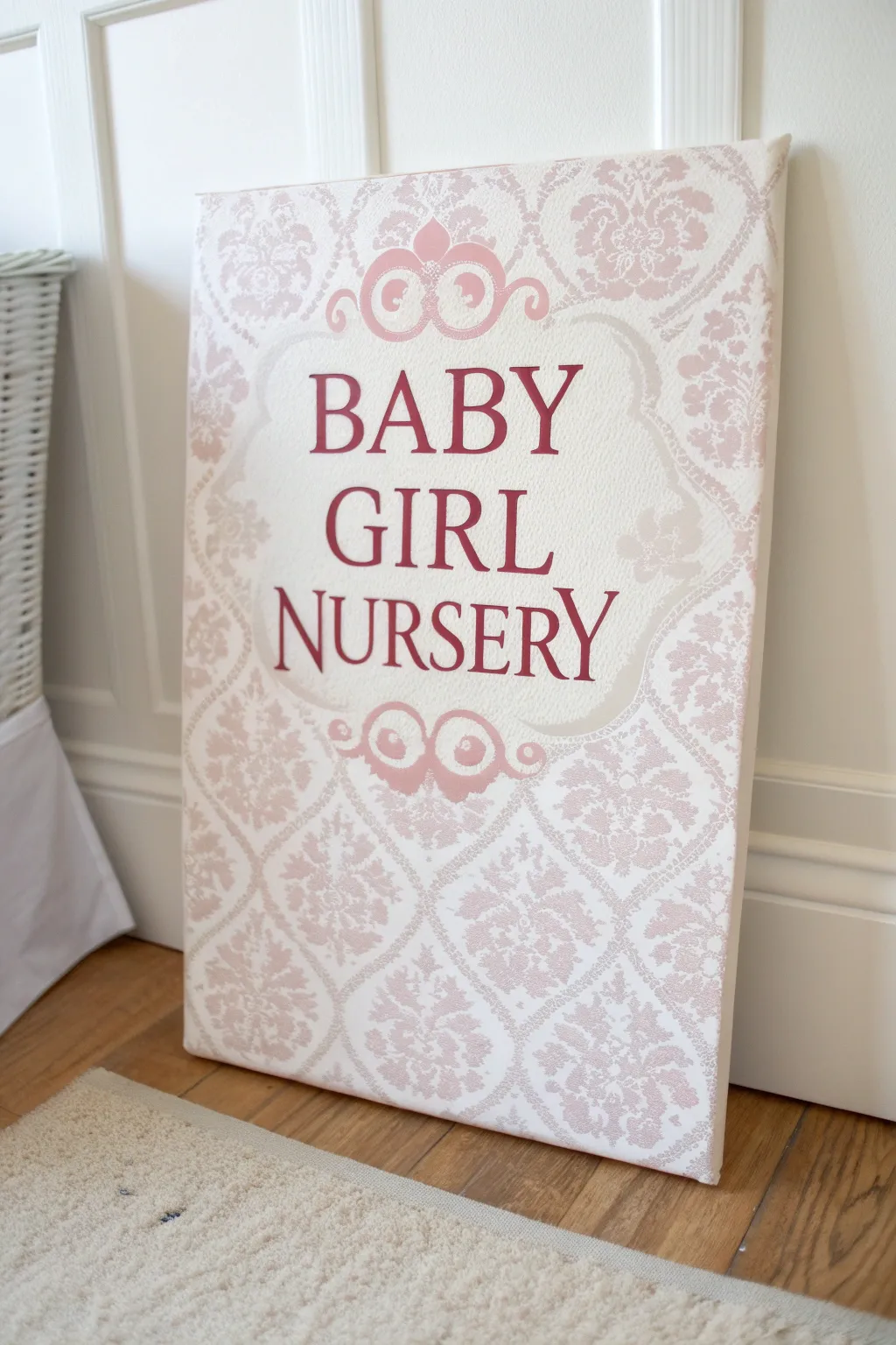 Cream and blush lace-stencil canvas with a bold initial, a timeless baby girl nursery painting idea.