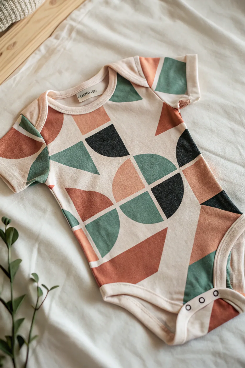 Modern abstract color-block onesie in soft boho tones, clean lines and bold contrast.