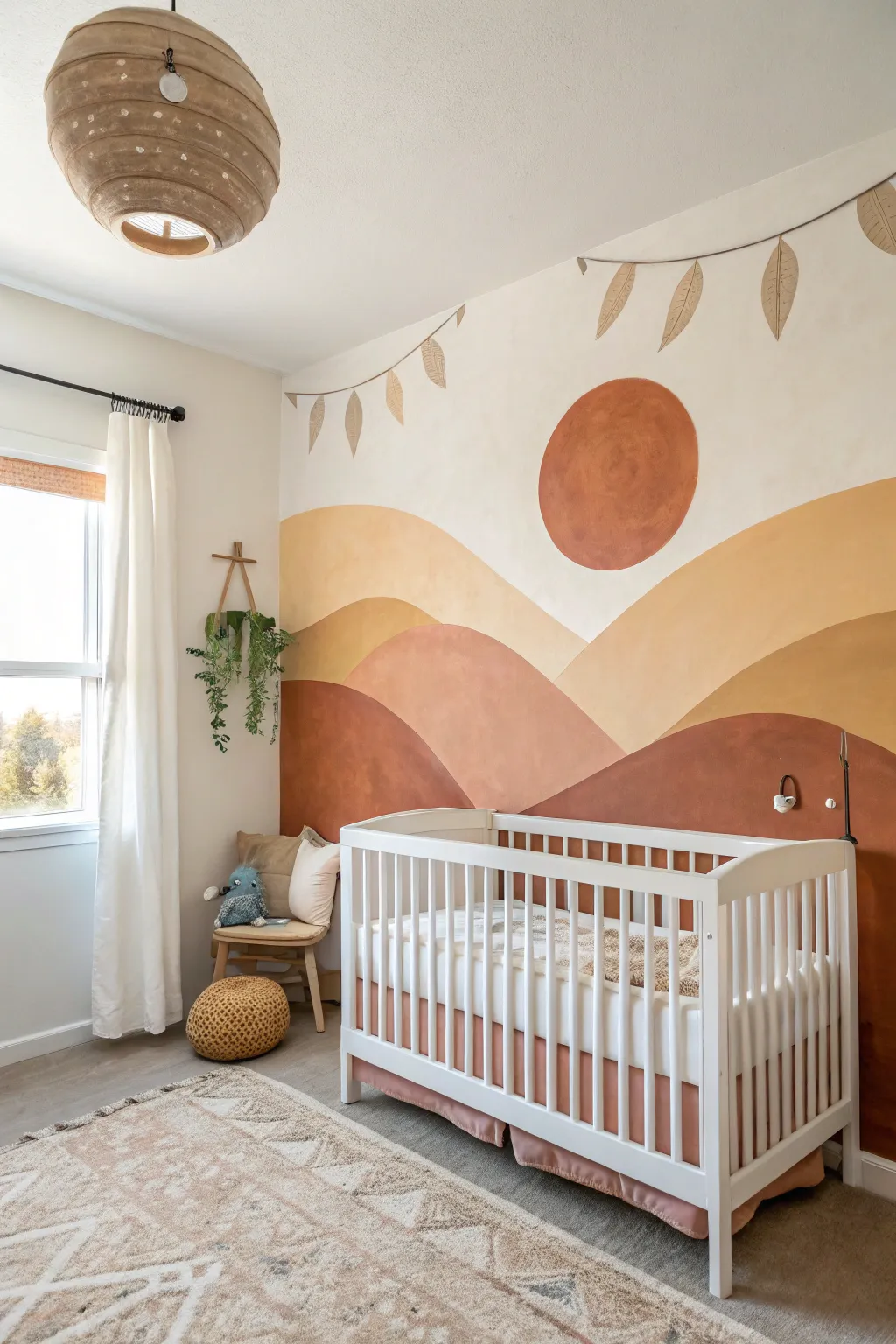 Abstract nursery landscape mural in warm neutrals, modern boho calm for a cozy baby room.