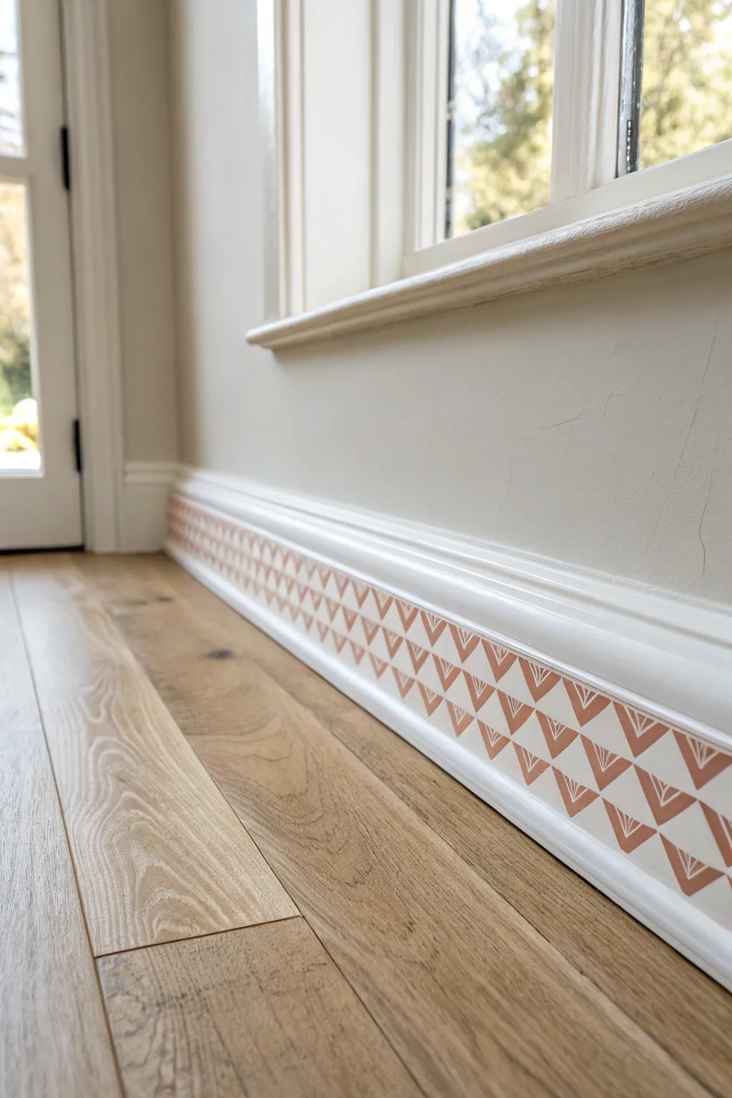 Hand-painted patterned baseboard in calm boho hues, a small detail that elevates a nook