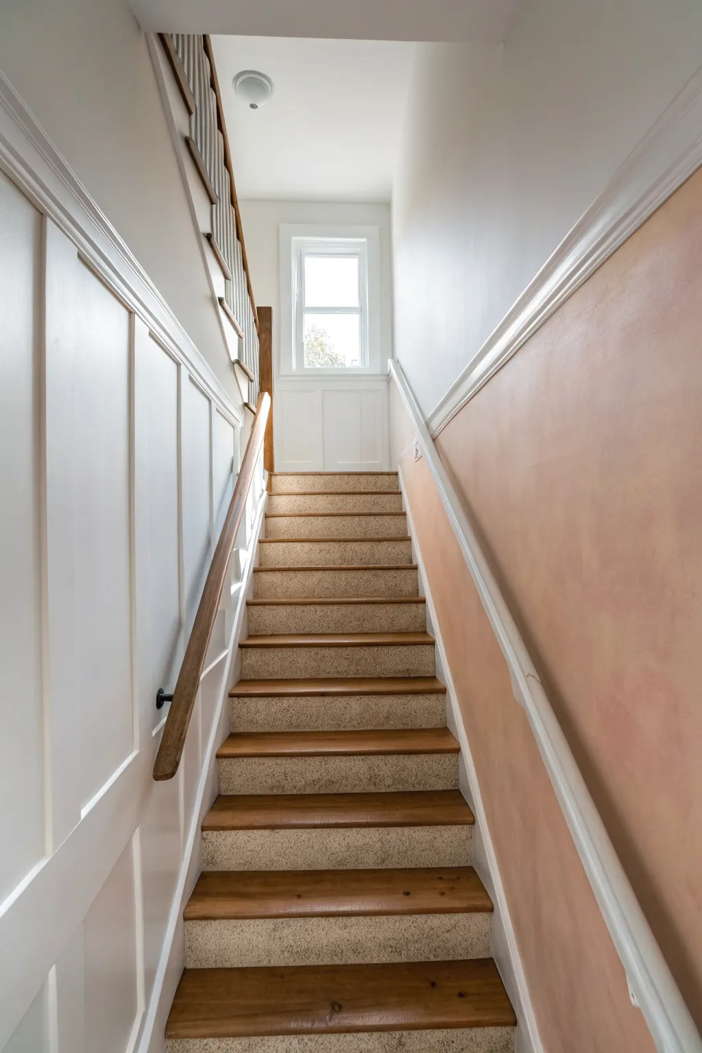 Soft ombre stairwell paint that gently guides the eye into a cozy, minimalist basement.