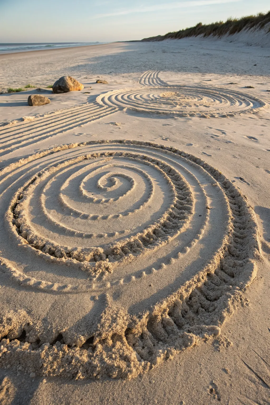 Ridge-and-trench sand spiral, side-lit for bold shadows and a serene minimalist beach texture.