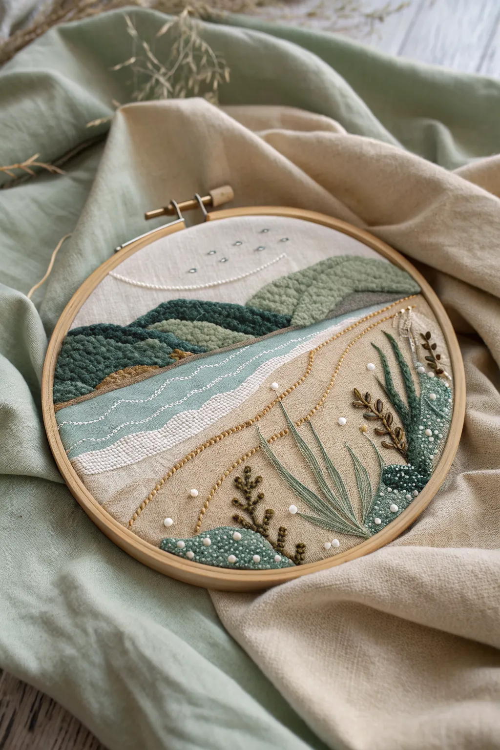 Painted fabric seascape elevated with bead-stitched foliage and a shimmering shoreline.