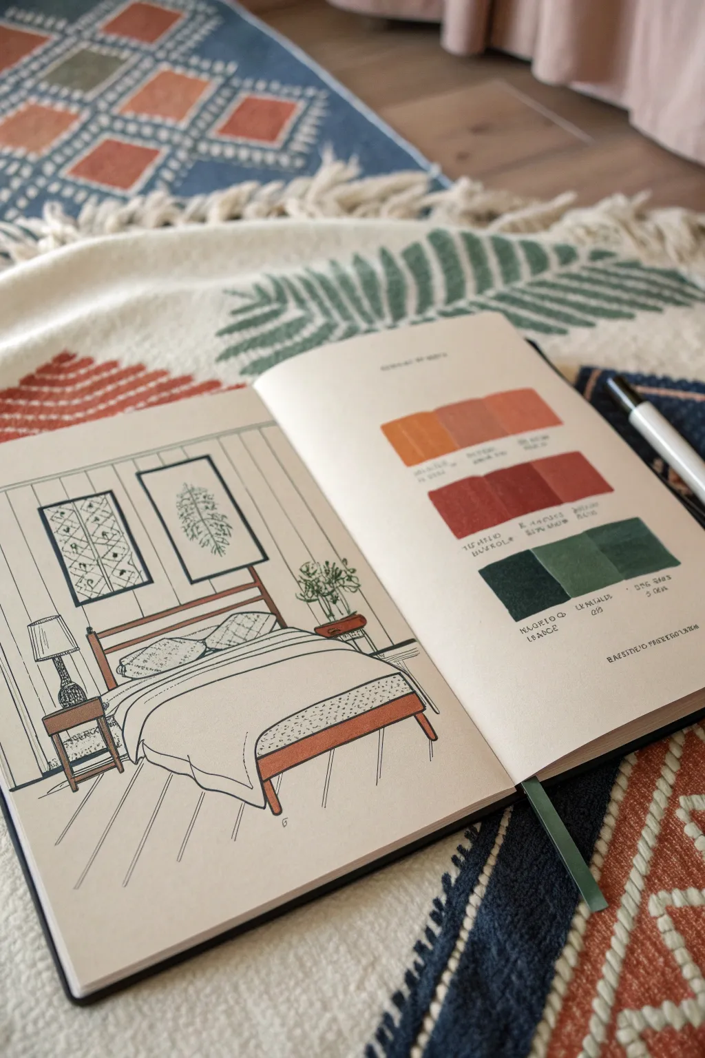 Marker-style bedroom drawing idea with bold color blocks and cozy minimalist boho vibes.