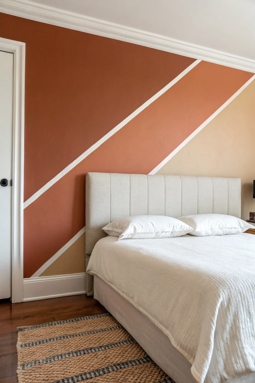 Diagonal color blocking behind the bed adds modern motion, with tape and brush for DIY energy.