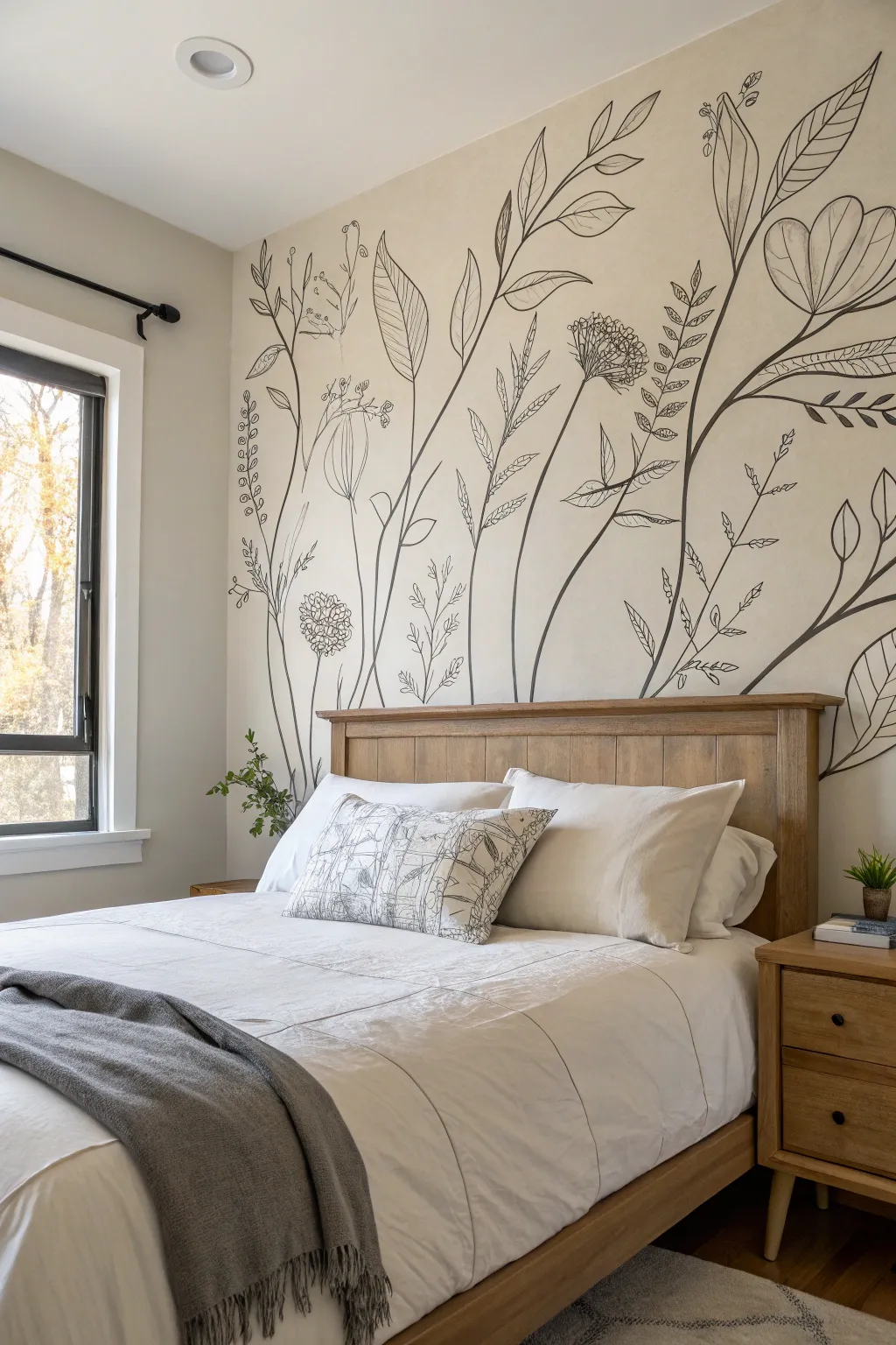 Airy continuous line mural above the bed, minimalist craftsmanship for a calm bedroom feel.