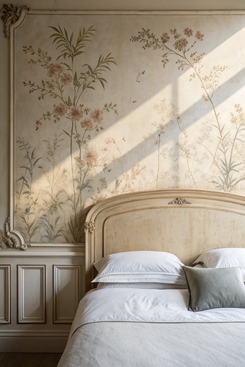 Soft faux fresco mural with aged patina and raking light for a calm, textured headboard wall