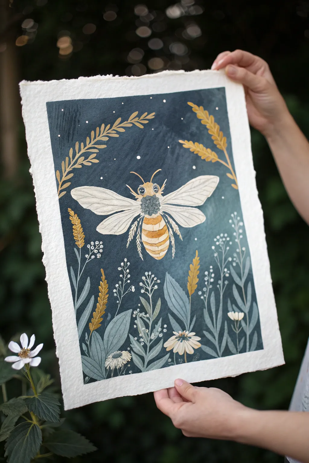 Paint a glowing night bee hovering over pale blooms in deep blues with a soft boho shimmer.